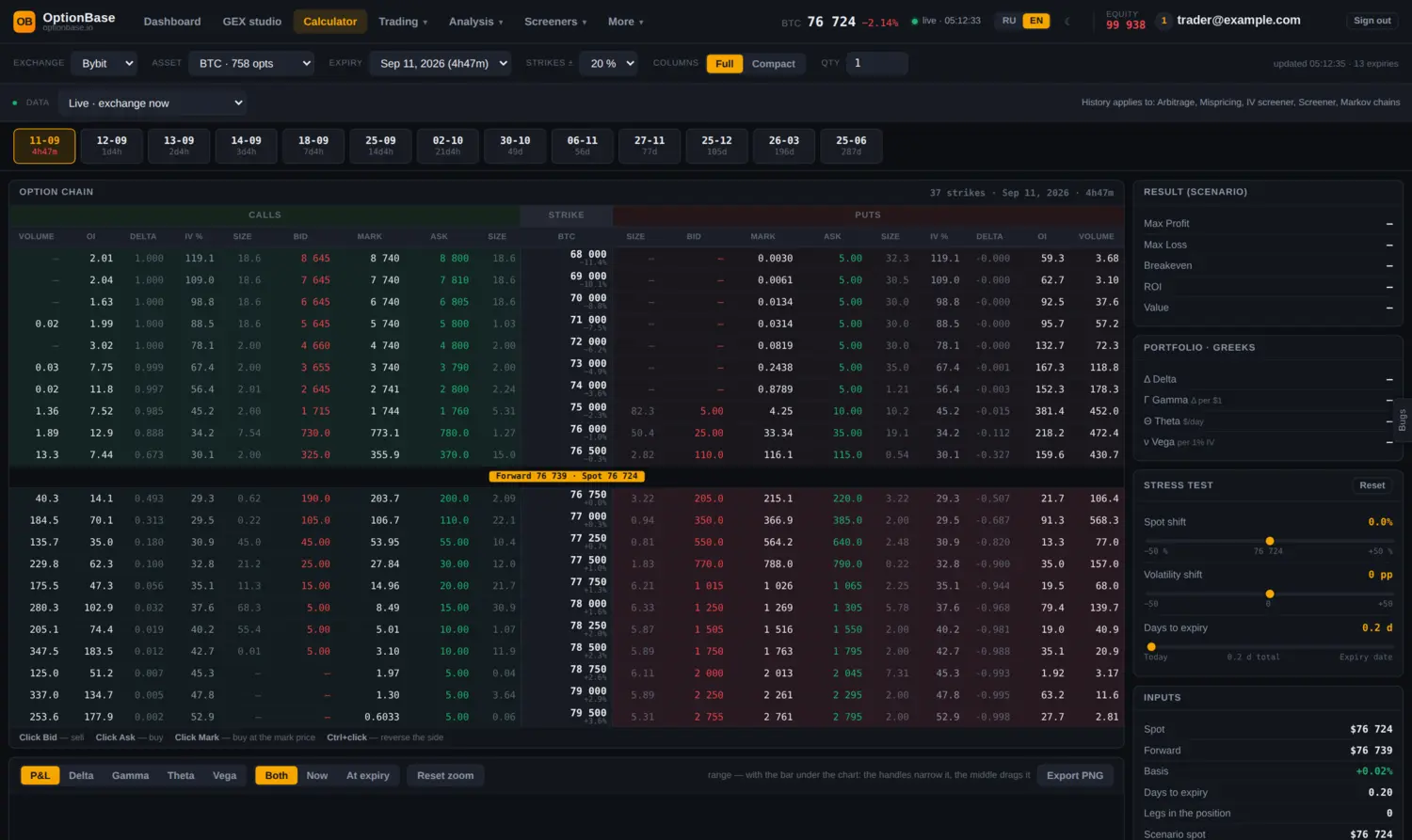 Options chain with Greeks, position builder, scenario result and stress test